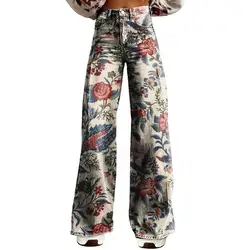 Loose Women Retro Casual Pants Mid-rise Button Zipper Fly Wide Leg Long Pockets Digital Floral Print Pants Summer