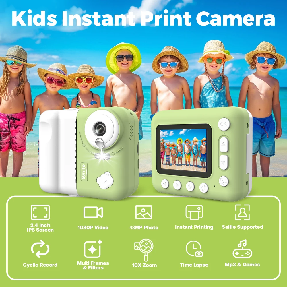 

Kids Instant Print Camera Kids Camera 1080P Digital Camera for Kids 2.4 Inch IPS Screen 10X Zoom Built-in Battery with Thermal
