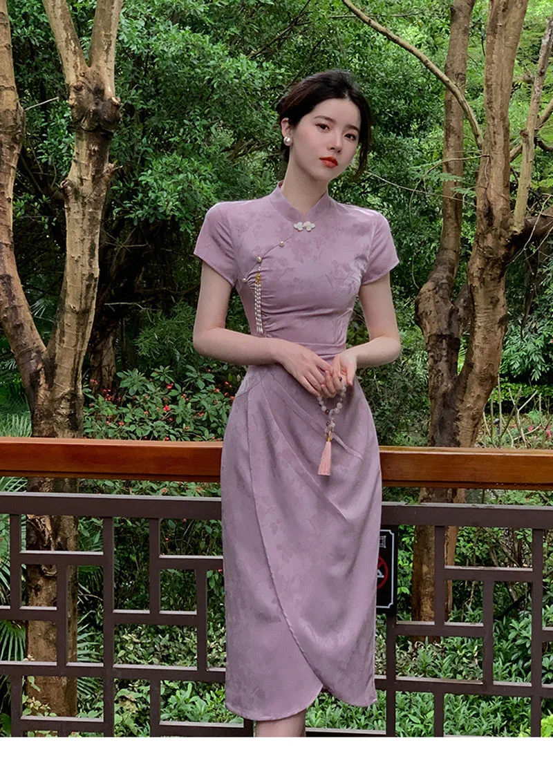 2024 verão roxo novo estilo chinês cheongsam jacquard manga curta vestido longo trajes de casamento vestido formal s a xxl