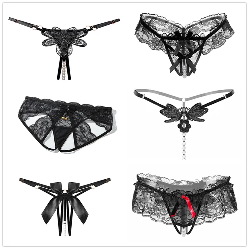 Women Sexy Underwear Black Lace Bowknot Crotchless Female G-string Panties Embroidery Butterfly Girl Thong Ladies Lingerie