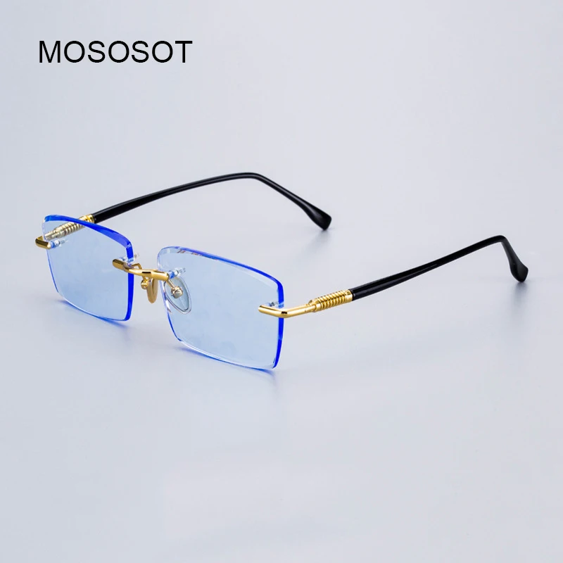 Blue Crystal Stone Sunglasses Man Business Rimless Glass Sun Glasses Women Pure Naturally Mineral Lens Vintage Top Quality