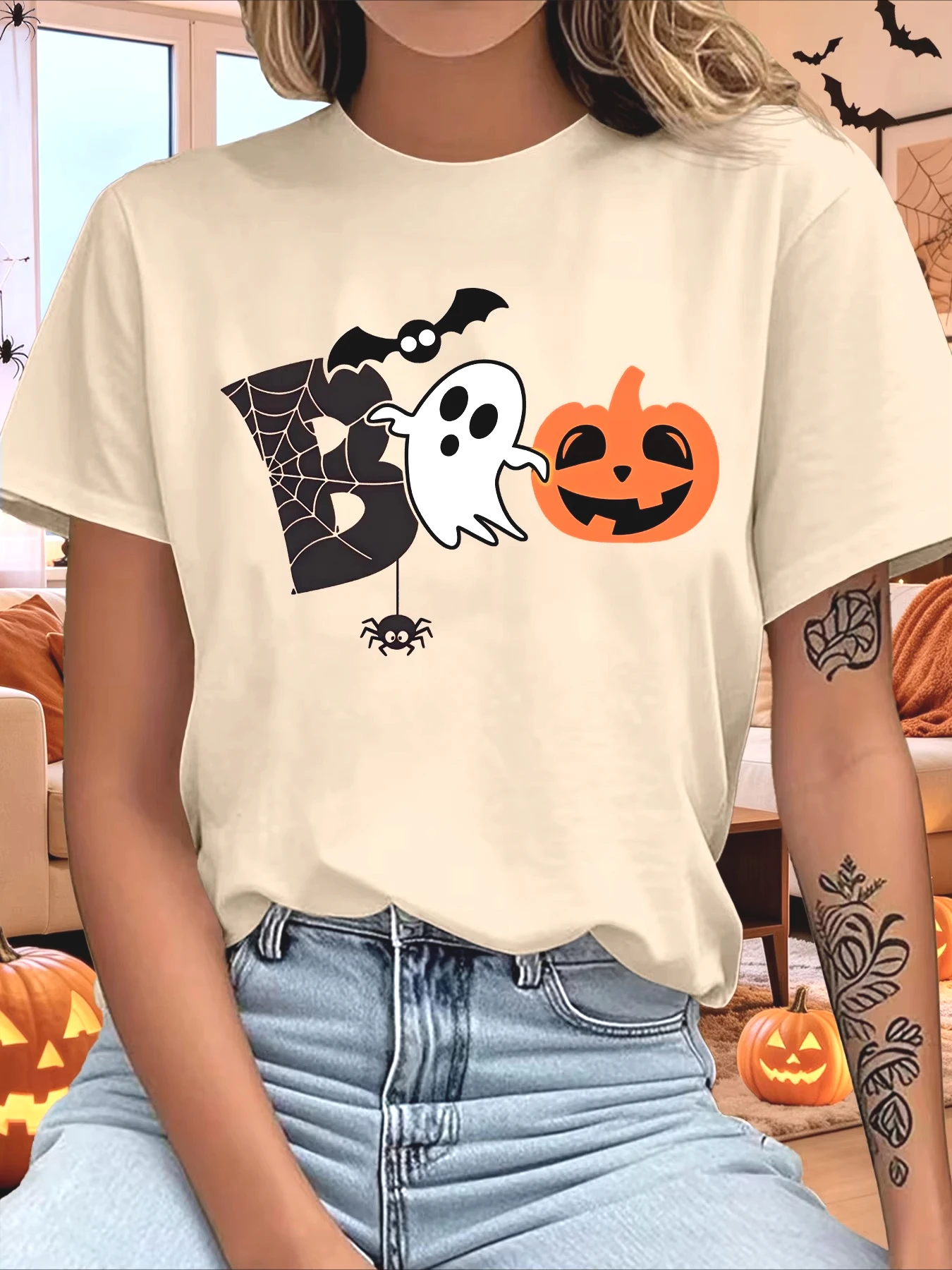 Cute Boo Ghost Pumpkin Bat Spider Web Halloween Cartoon Art Print Women's Oversized T-shirt Ladies Y2k Crew Neck Casual Tee Tops