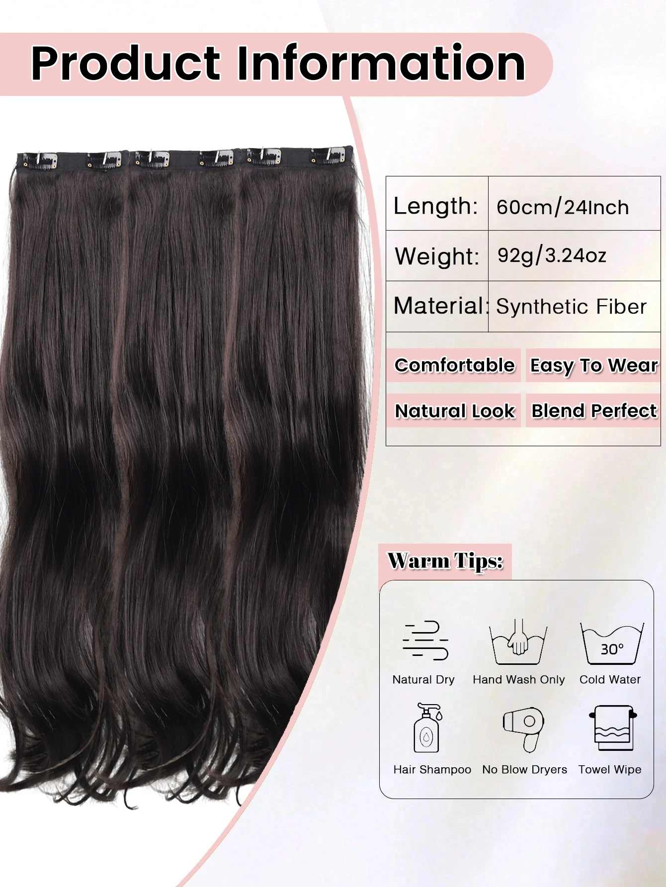 3PCS 24Inch Synthetic Long Curly Wavy Clip In Hair Extension Lightweight Black Brown Hair Accessories Invisible Women Daily