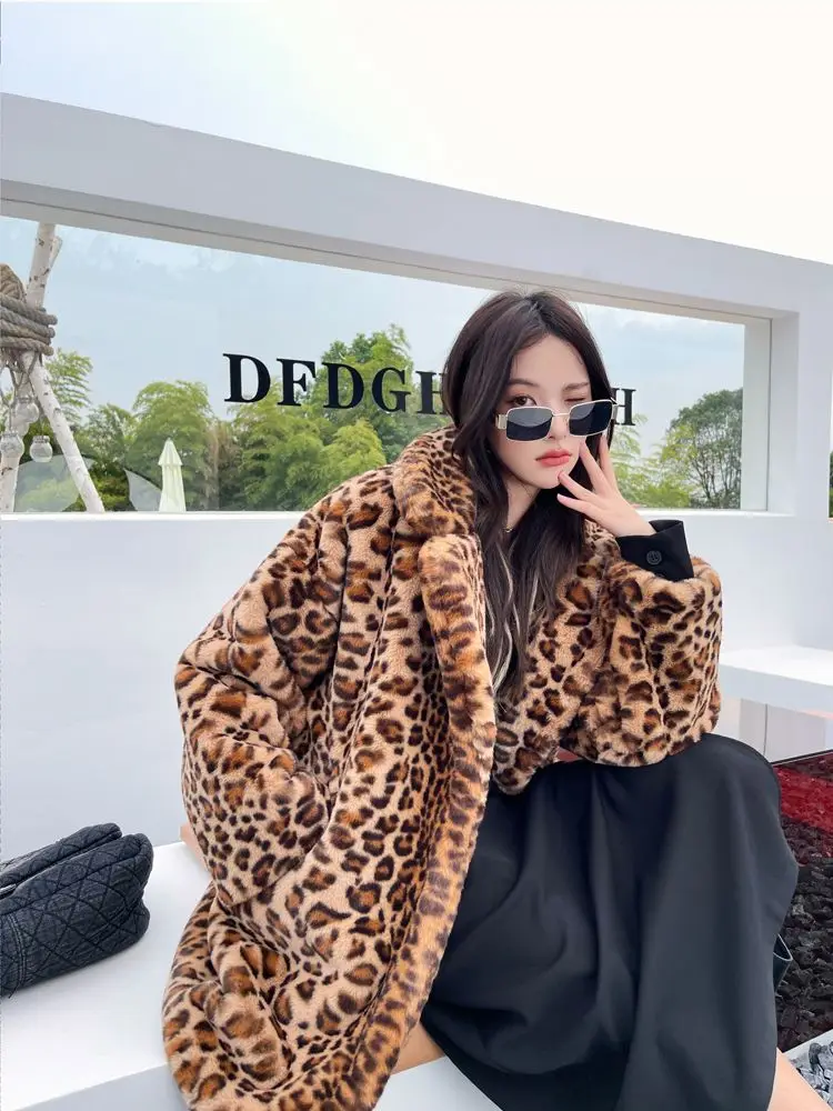 Factory Direct Sales Female Faux Fur Coat Fashion Loose Suit Collar Leopard Print Jacket Lady Outerwear Women\'s Winter Coats