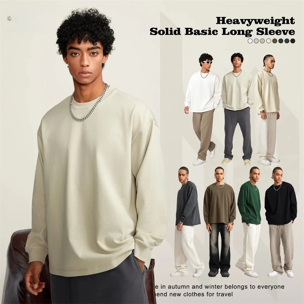 

Тяжелая футболка с длинным рукавом 425 г/м2, унисекс, американская винтажная хлопковая футболка свободного покроя, уличная повседневная одежда