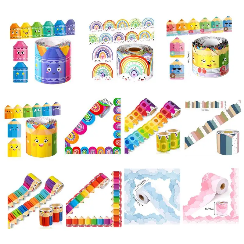 1Roll Self Adhesive Rainbow Pencil Edge Stickers Chalkboard Bulletin Board Border Paper 3inch Border Classroom Decors