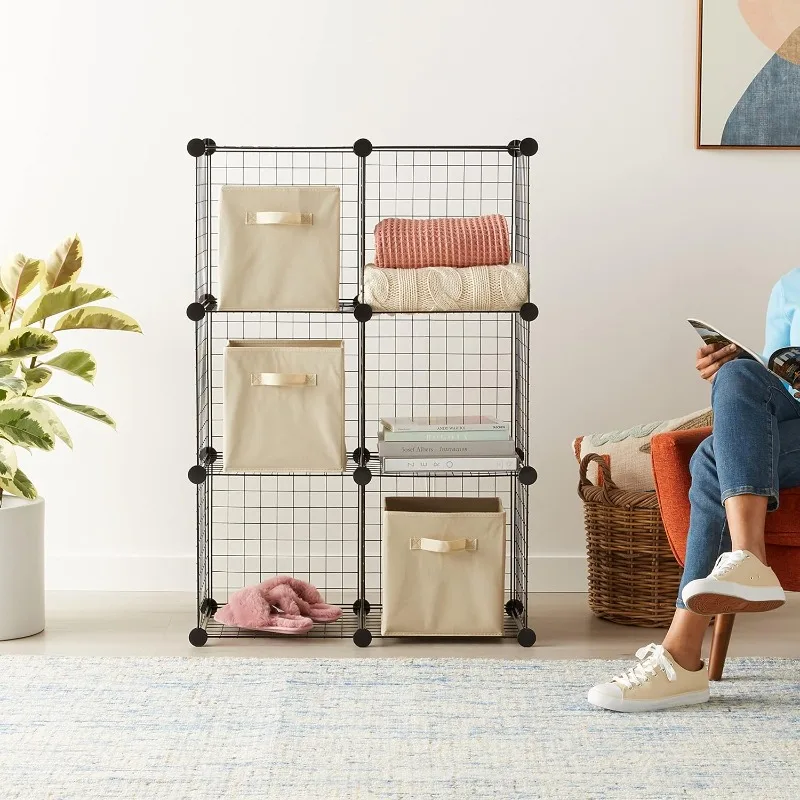 6 Storage Shelves with 6 Cube Wire Grid, Stackable Cubes, Black, 14