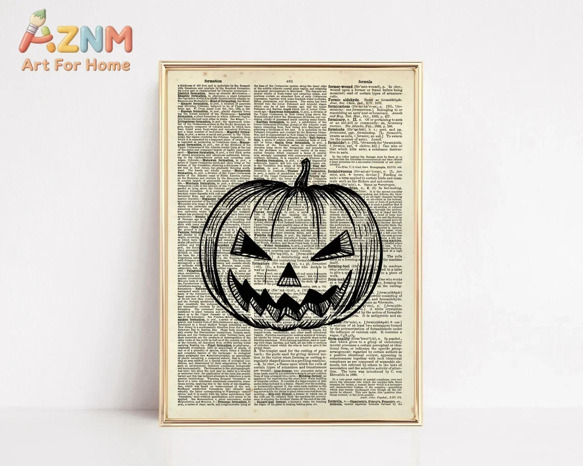 AZNM Vintage Dictionary Page Pumpkin Canvas Wall Art Halloween Jack O Lantern Black Line Drawing Retro Art Print Unframed Canvas