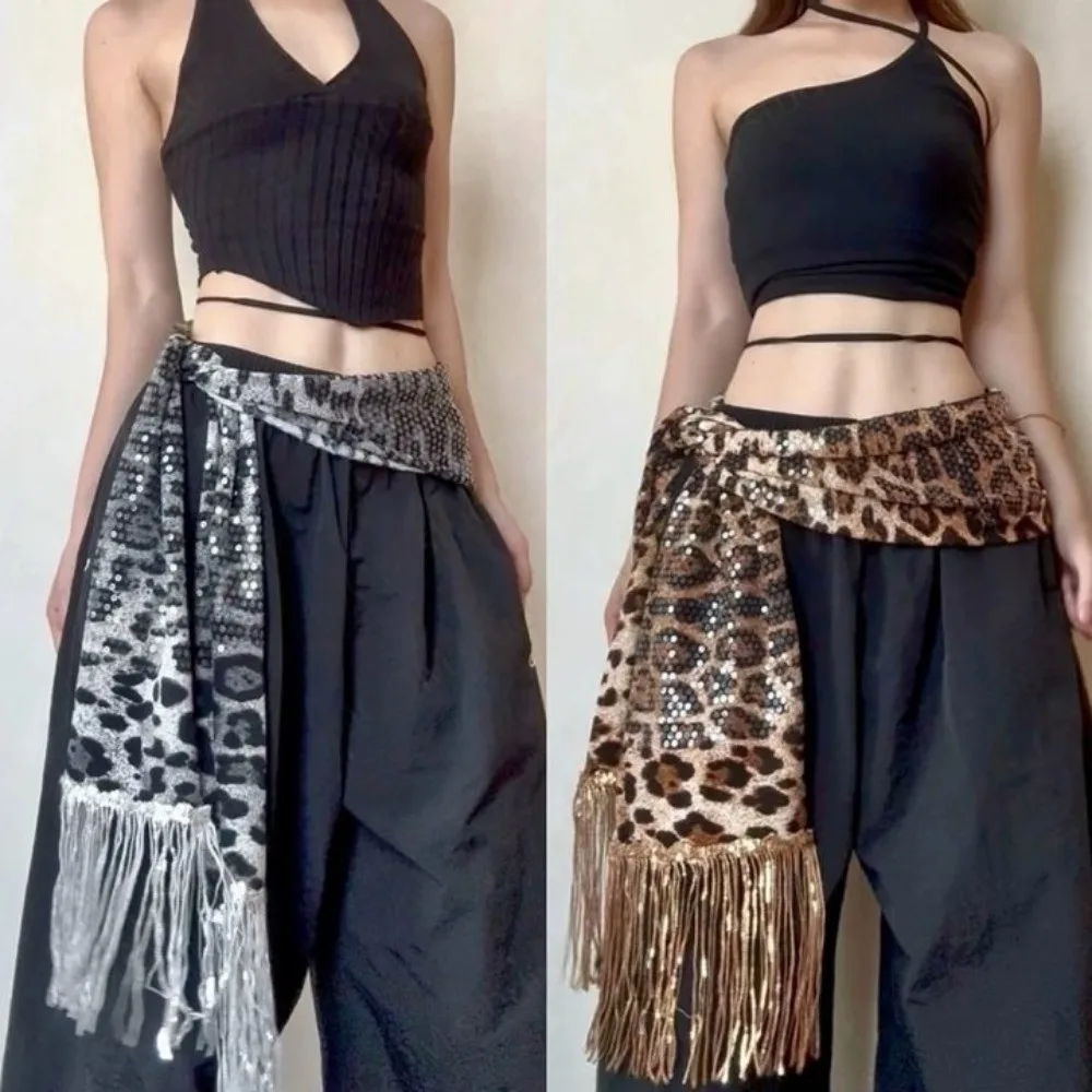 Sequin Jazz Dance Hip Scarf Y2K Hip-hop Tassels Leopard Print Belt Shirt Extender Long Cargo Pants Waist Band Streetwear