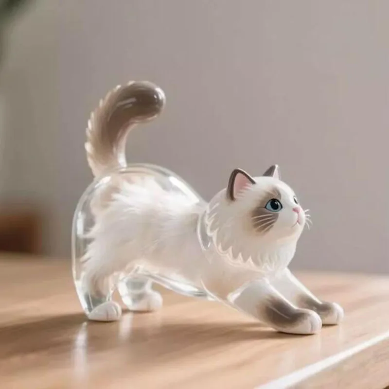 2 Pcs/Set Plastic Transparent Cat Ornaments Cat Figurines Crafts Sculpture Home Office Desk Deoration