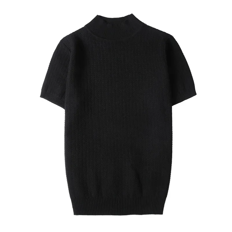 Men Short Sleeve Knitted Sweater 2024 Spring New Turtleneck Solid Color Casual Stretched Slim Fit Homme Pullovers Men\'s Clothing