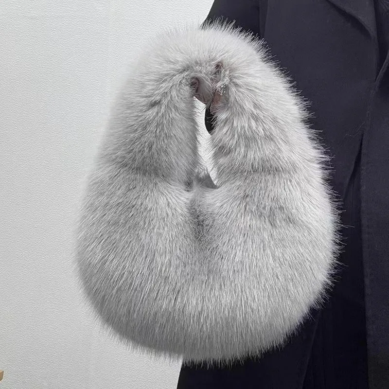 New Fur Women's Half Moon Bag Luxury Warm Plush Wrist Bags for Women Fashion Furry Short Handle Clutch Cute Ladies Coin Purses