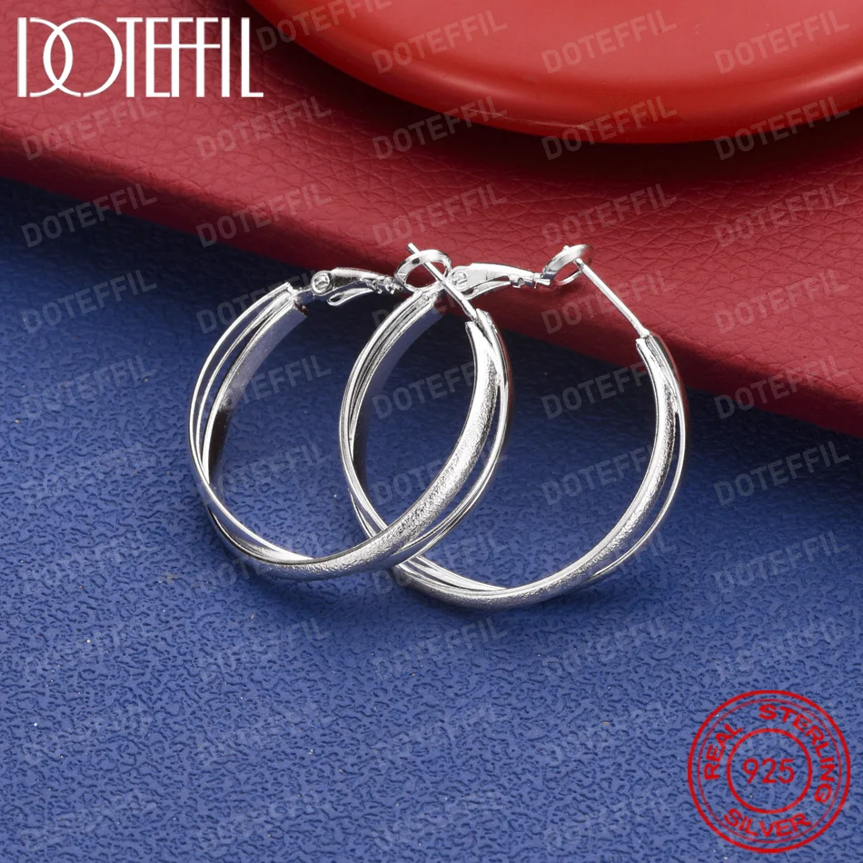 925 Sterling Silver 25mm Delicate Frosted Cross Double Hoop Earrings for Women, Fashionable Wedding Party Gift Jewelry