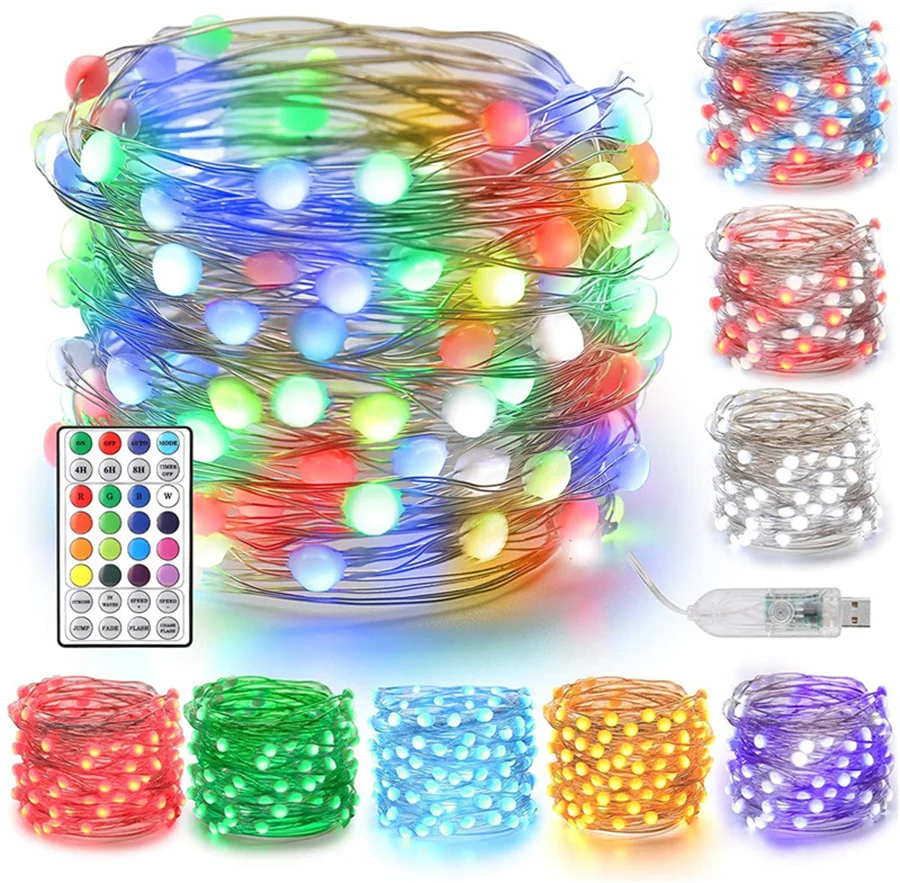 

2023 New 5/10/20M RGB LED Copper Wire Fairy Lights USB Remote 16 Colors Christmas String Lights for Party Wedding Garland Decor