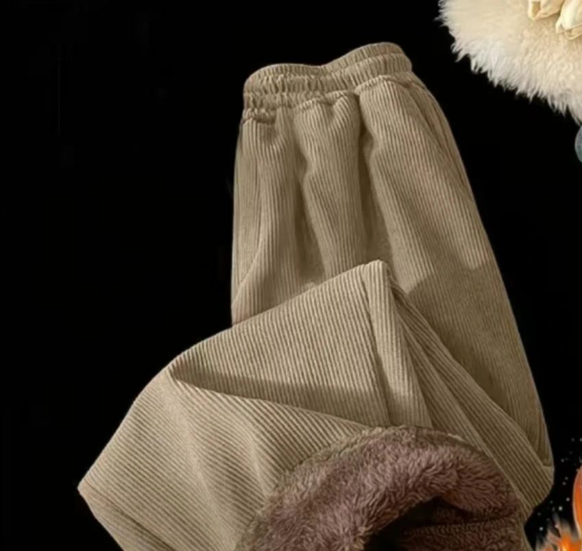 Women Corduroy Thick Warm Pants Faux Lambswool Fall Winter Trousers Elastic Waist Loose Casual Street Preppy Style Pants
