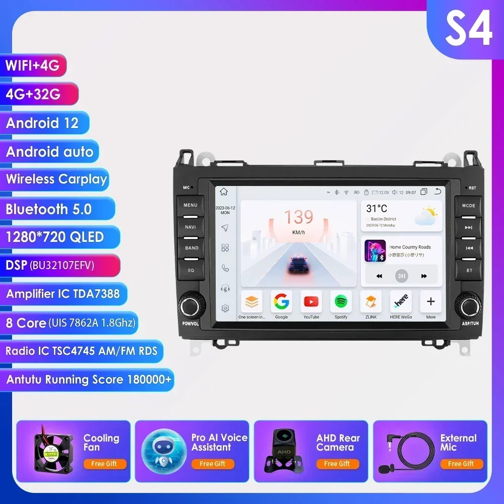 Ai Carplay Android12 Autoradio Stereo Multimedia Speler Voor Mercedes-Benz A-B-V-Klasse B200 W169 W245 W639 W906 Sprinter Gps Navi