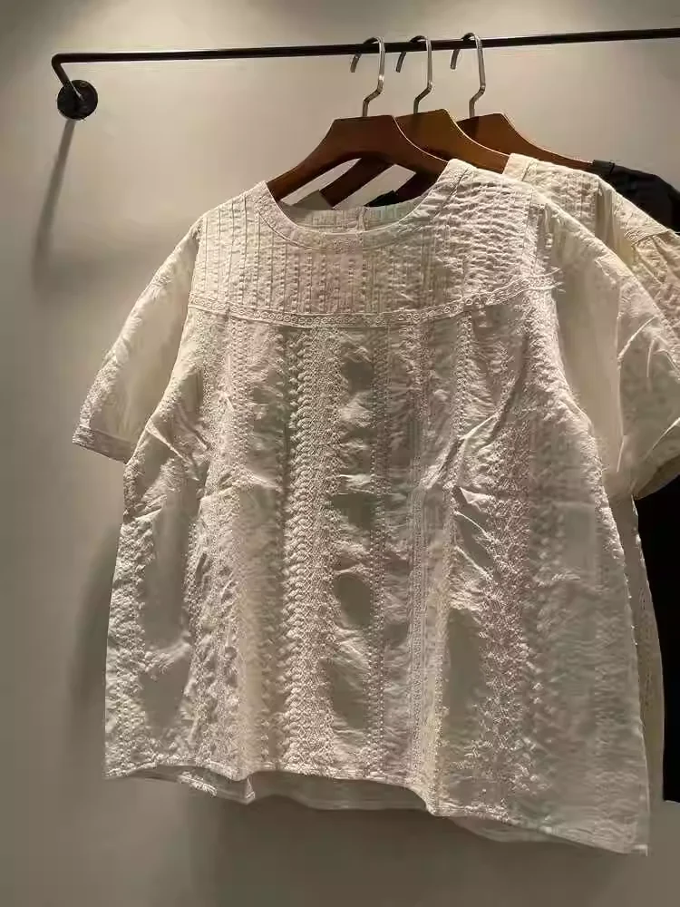 

Bust 106cm plus size women clothing Japan style white beige black pleated shirts and blouses for women short sleeve tops