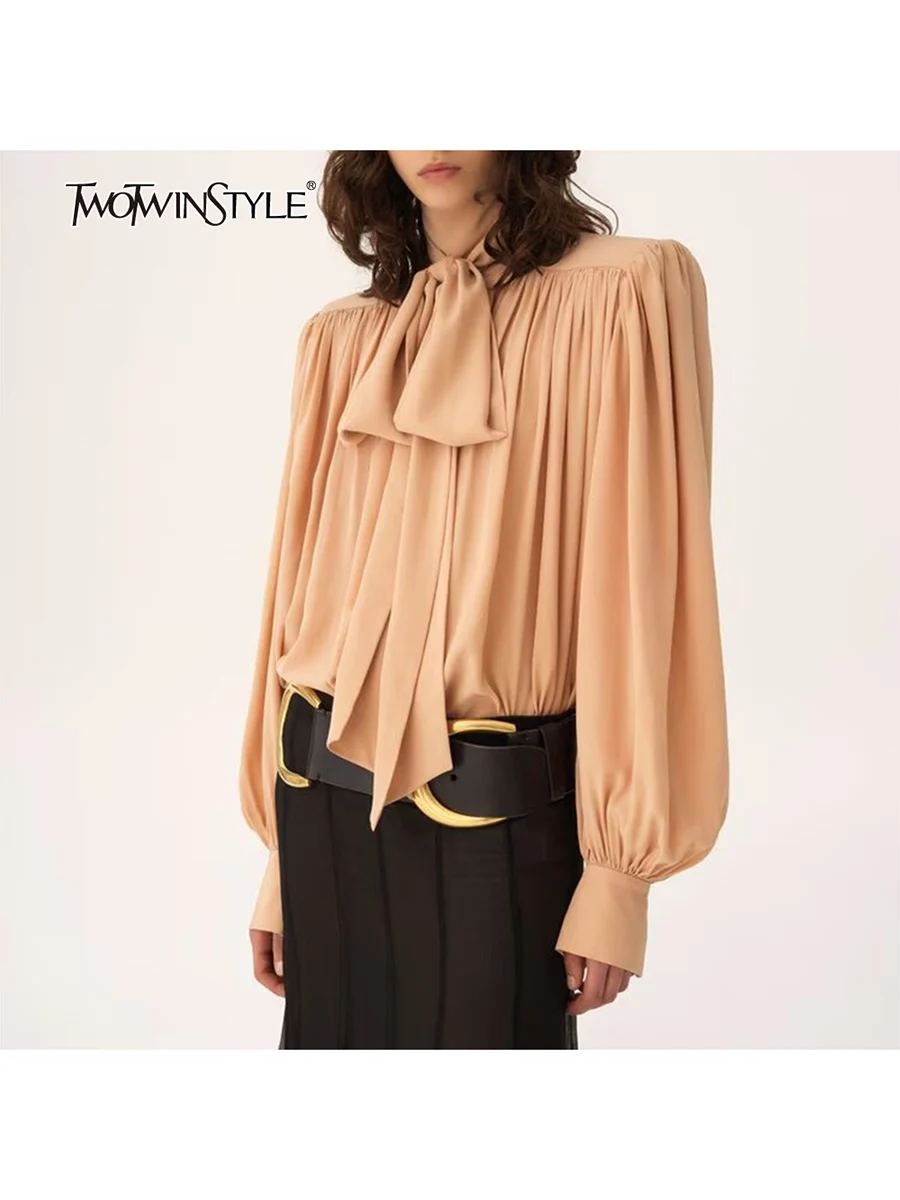 

TWOTWINSTYLE Solid Loose Splcied Ribbon Elegant Blouses for Women Round Neck Long Sleeves Patchwork Shirring Blouse Female New