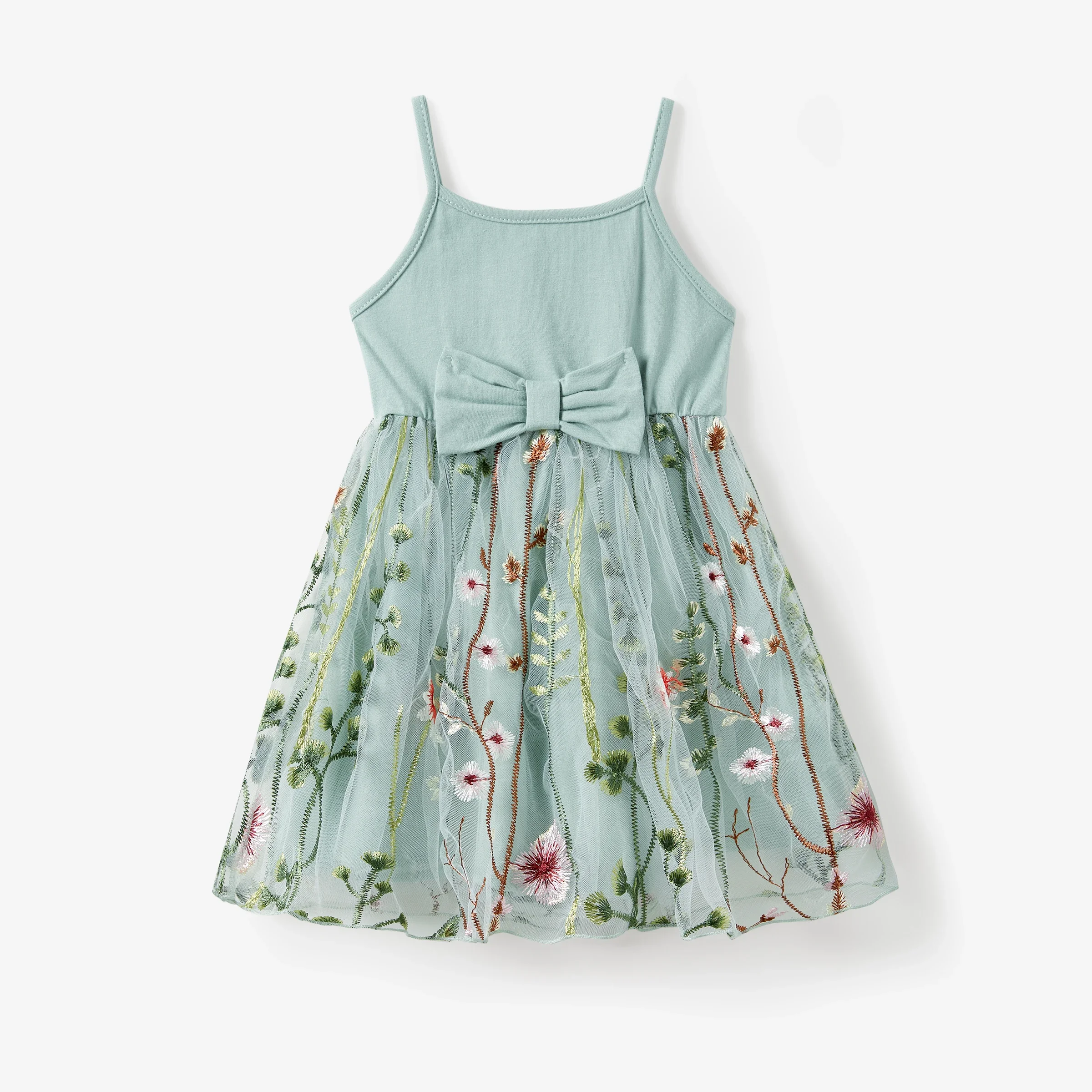 PatPat Family Matching Solid Color/ Raglan Sleeves Tee and Cami Embroidered Tulle Strap Dress Sets Suitable for Summer Season