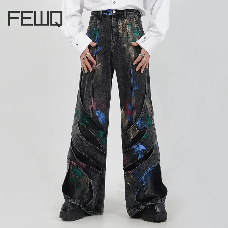 FEWQ Hand Drawn Men's Jeans Design Silhouette Straight 2024 Vintage Korea Fashion Streetwear Male Trousers Casual 24E5909