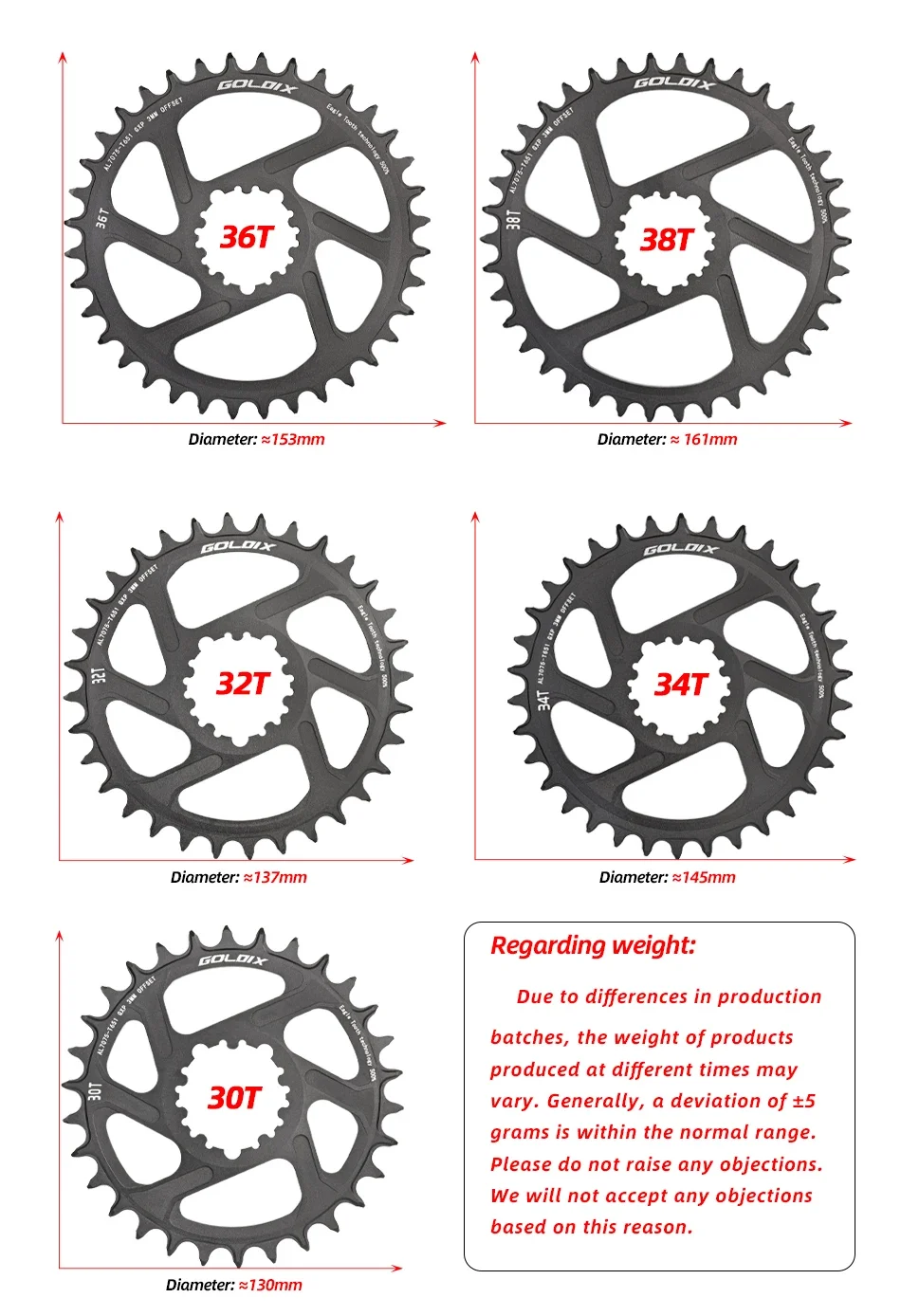 GOLDIX Ultraleichtes Fahrrad-Kettenblatt 0/3/6mm Offset Breite Schmale Zähne 30/32/34/36/38T für 3-Bolzen-Kurbelgarnitur MTB Einzelkurbel – Detail 9