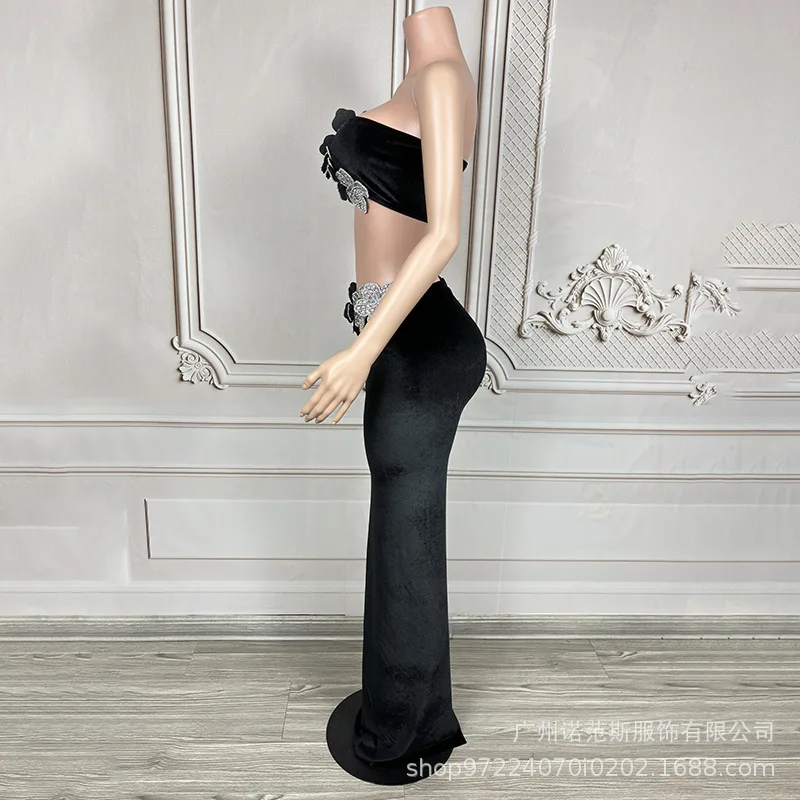 Borstomslag Driedimensionale bloemfluwelen splitpak Prestatiepak Zangeres High-end sfeervolle jaarvergaderingjurk