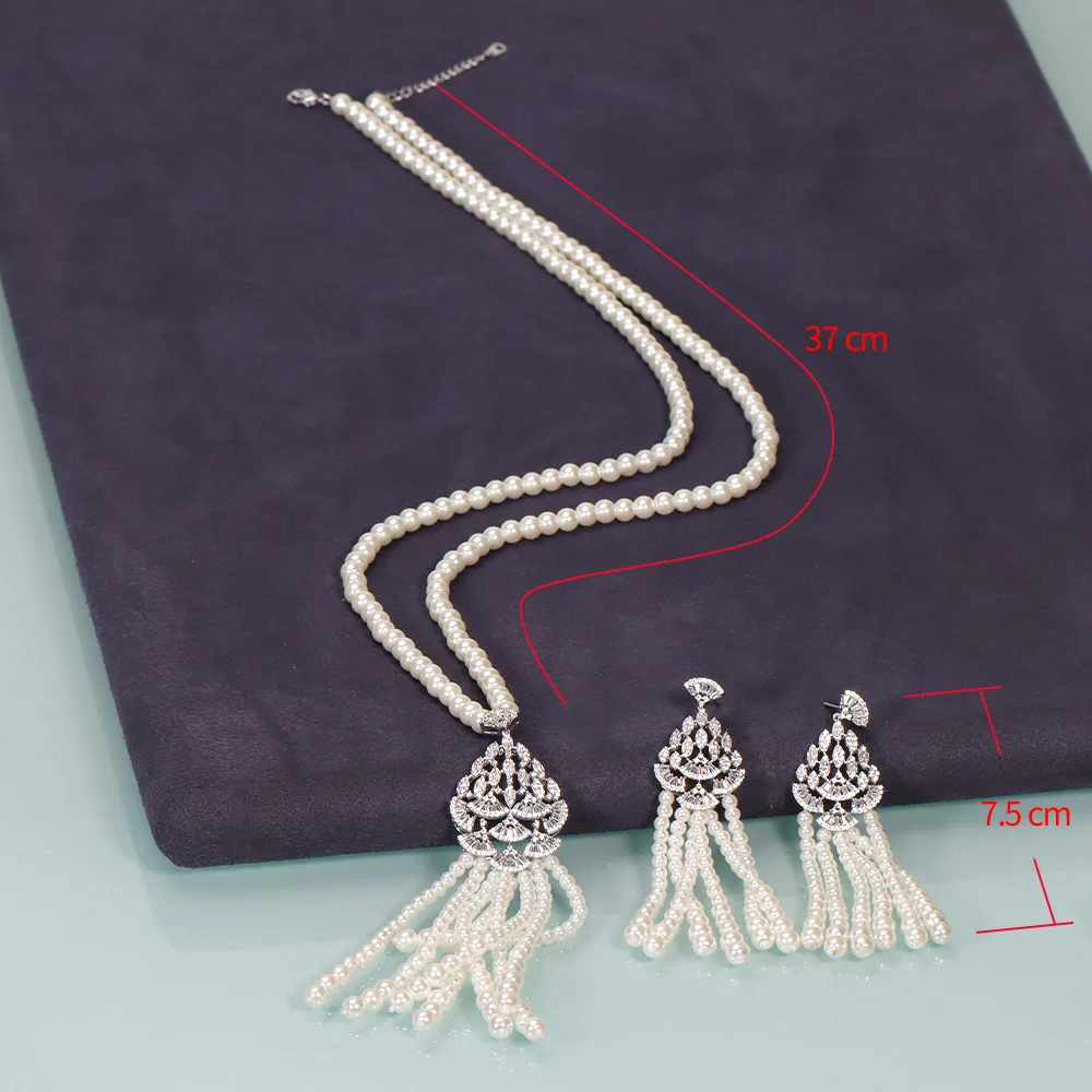 New Fashion Personality Tassel Pearl long chain Wedding Necklace Earring Set Bridal For Women Elegant Cubic Zirconia Jewelry