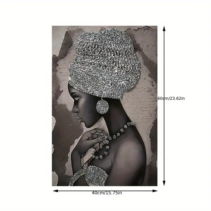 1pc Abstract Canvas Paintings  Silvery Glitter Embroidered African Woman Painting On Canvas Wall Art  Home Wall Decor  Unframed
