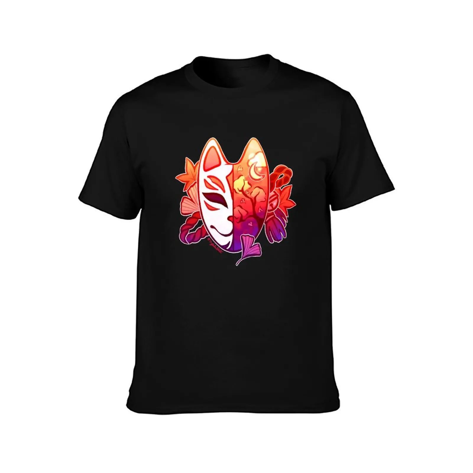 Autumn Spirits Kitsune Mask T-Shirt, Summer Casual Cotton Tee, Oversized Streetwear Tops, Vintage Graphic Print, 100% Cotton