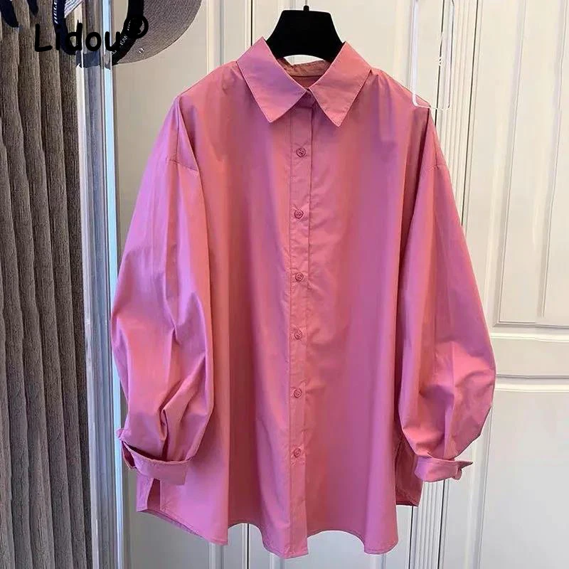 2023 Spring Autumn Women\'s Vintage Simple Oversized Streetwear Button Up Shirt Korean Solid Long Sleeve Blouse Top Female Blusas