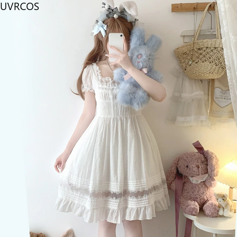 Sweet Elegant Lolita Mini Dress Women Japanese Kawaii Cute Lace Square Neck Fairy Dresses Korean Summer Party Princess Dresses