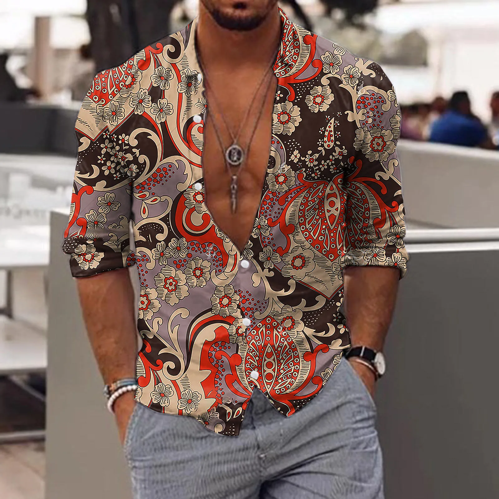 Ethnic Shirts Men Long Sleeve Autumn Winter Fashion Paisley Flower Printed Top Vintage 3d Digital Print Streetwear Shirts Camisa