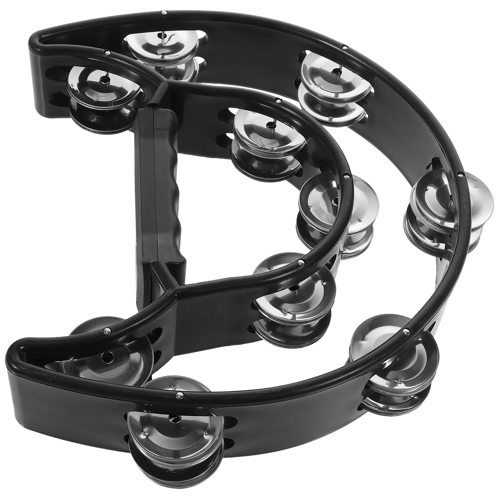 Double Row Moon Tambourine Black Half Moon Shape 40 Metal Jingles Ergonomic Rubber Handle Handheld Percussion Instrument