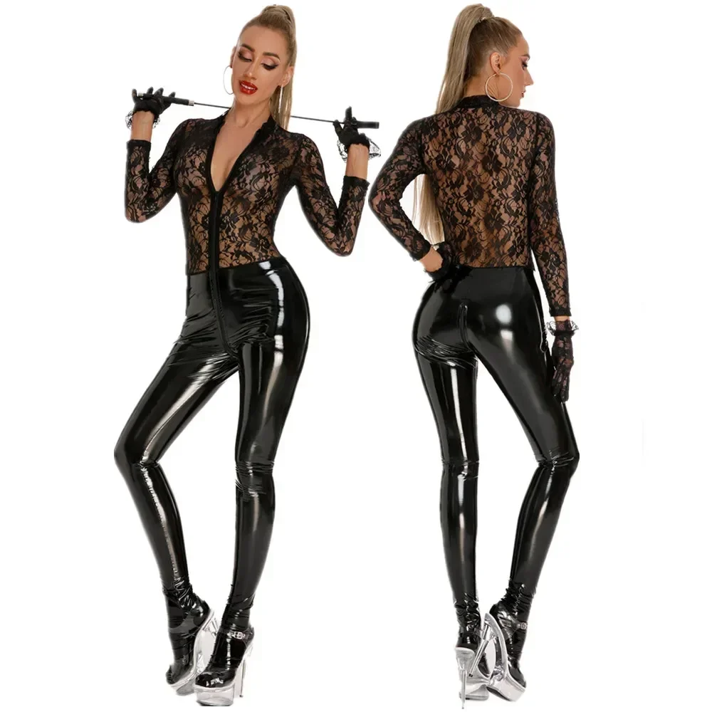 

Lace Patchwork Glossy Leather Bodysuit For Women Breast Exposing Ladies Zipper Shiny Shaping Latex Jumpsuits Long Sleeve Catsuit