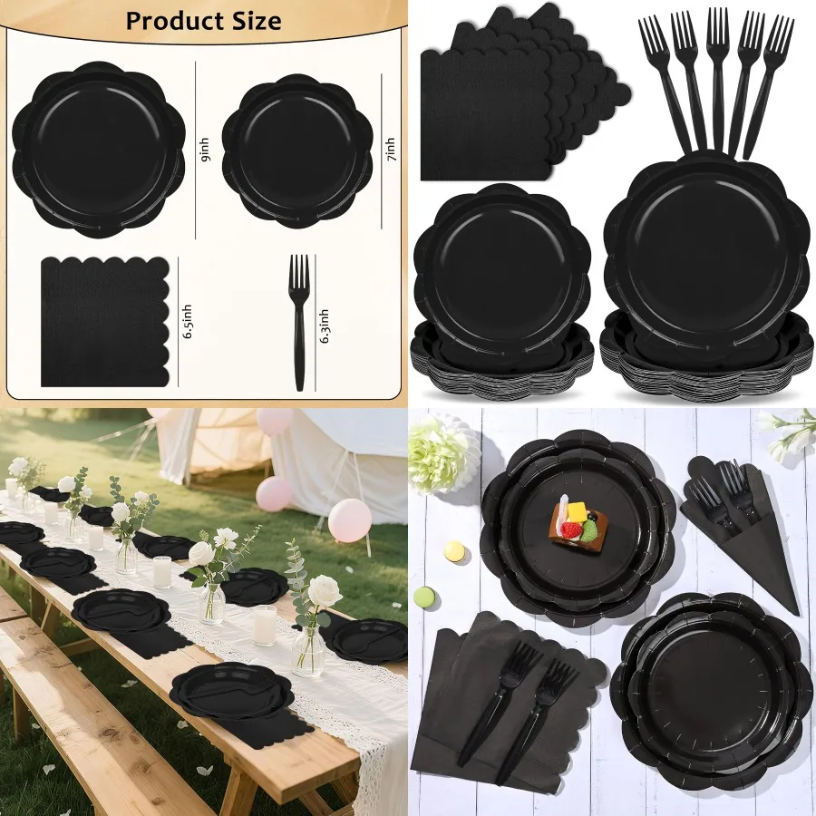 

96 Pcs Black Paper Plates and Napkins Set for Halloween Birthday New Year Parties Disposable Black Scalloped Plates Napkins and