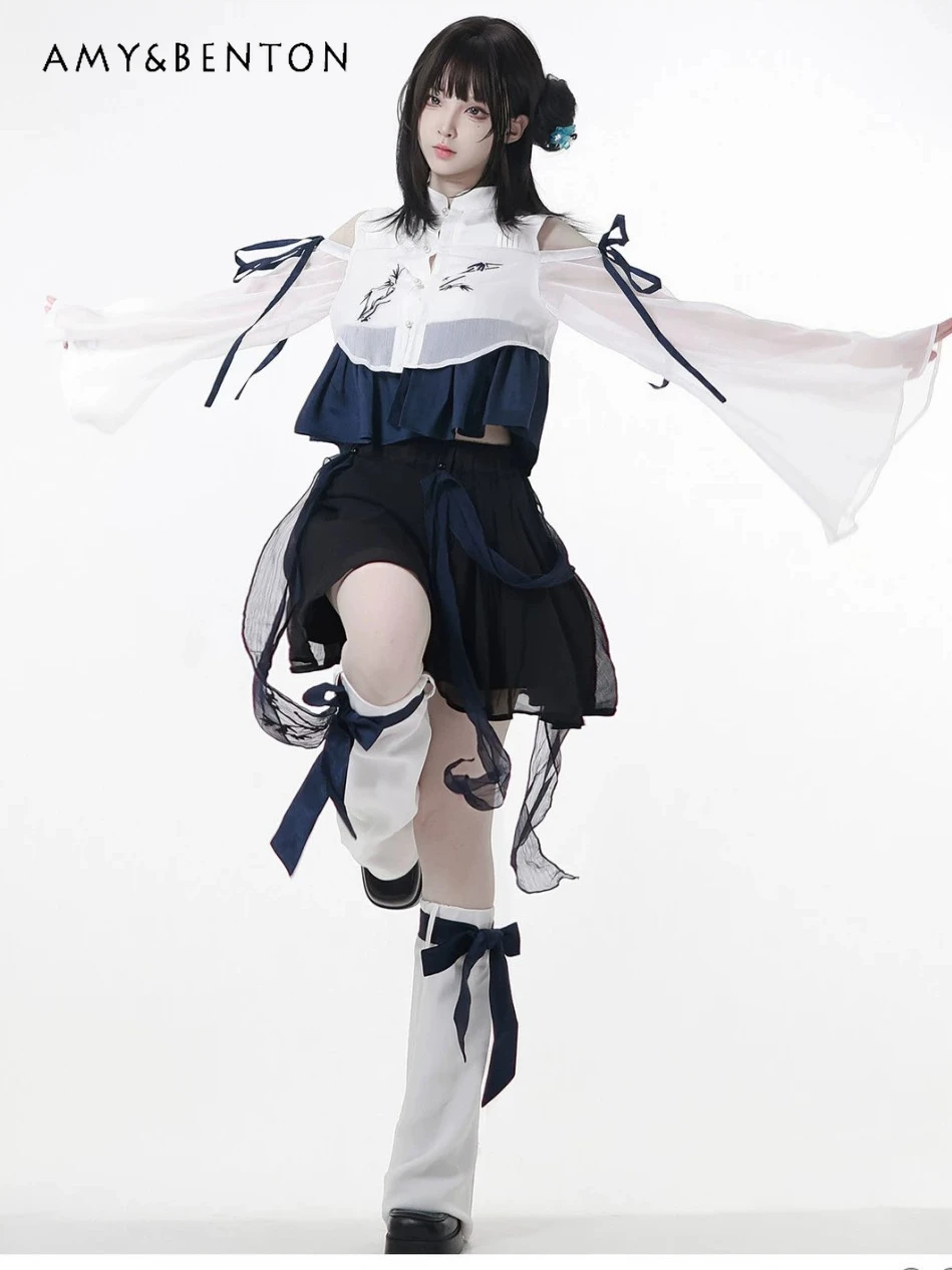 

New Chinese Blue and Black Contrasting Colors Sweet Cool Girl Suit Harajuku Subculture Retro Off Shoulder Shirt Cropped Pants