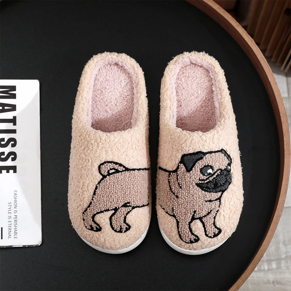 Plush Pug Slippers Comfortable Slip-on House Shoes Anti Slip Fluffy Couple Slippers Fuzzy Animal Slippers for Indoor Bedroom