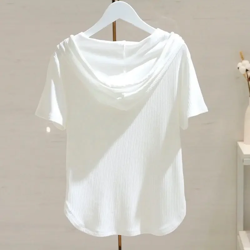Hooded T-shirts Women Short Sleeve Comfortable Stylish Harajuku Solid All-match Draw String Design Casual Ladies Simple Basic