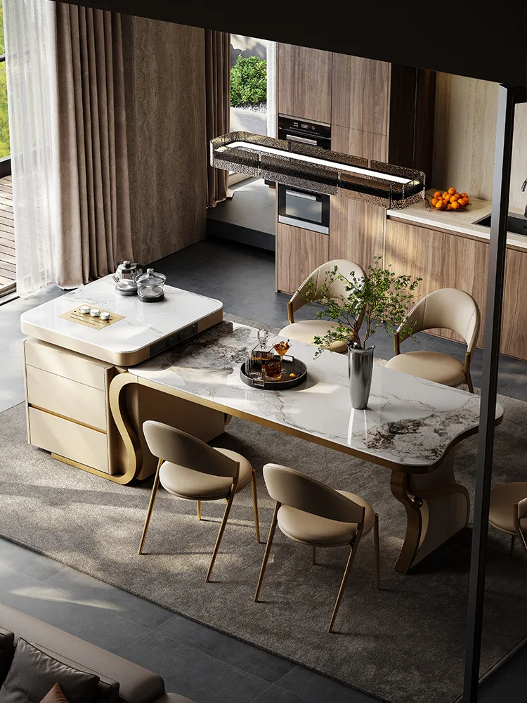 High-end island dining table tea table integrated retractable household large villa pull-out table