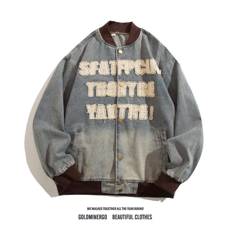 

Heavy Du Casual Denim Jaet with Letter Patch for Men And Women Loose Fit Retro Sle Baseball Collar Jaet for Youth