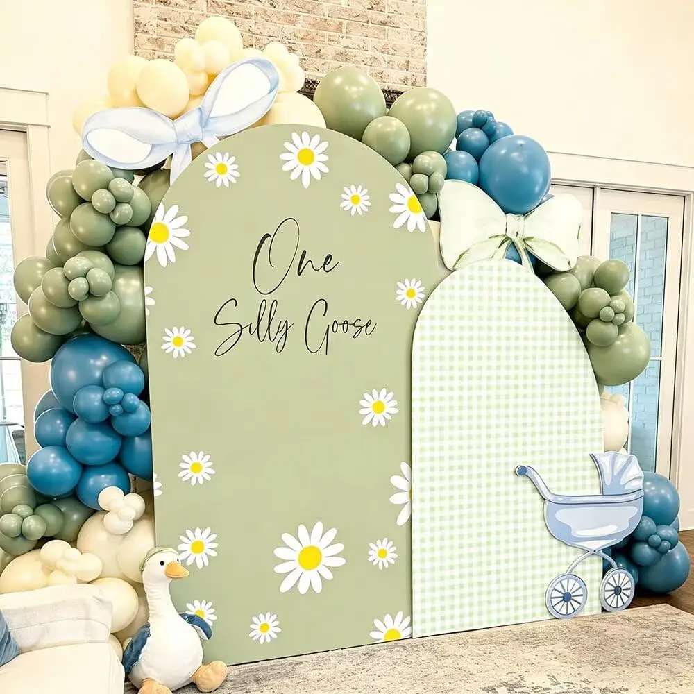 Custom 2-sided Olive Green One Silly Goose Party Background Daisy Plaids Kids 1st Birthday Baby Shower Arch Backdrop Cover