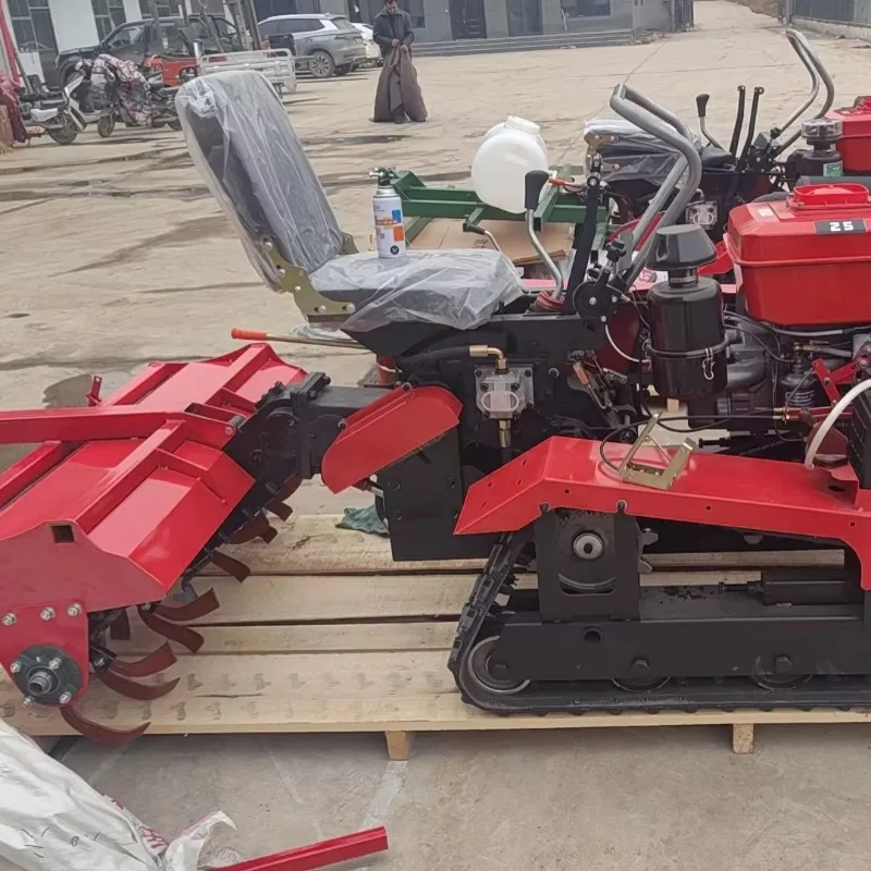 

Small greenhouse orchard diesel tiller, four-wheel drive crawler tiller, trencher