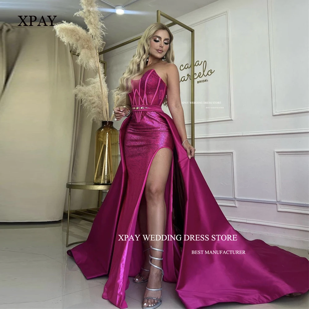 

XPAY Glitter Fuschia Modern Prom Dresses With Detachable Train Sweetheart Split Boning Evening gowns Formal Party Pageant Dress