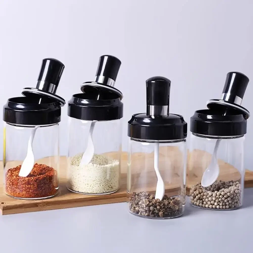 Salt Dispenser Leak-proof Glass Seasoning Bottles with Spoon Cover for Kitchen Storage Set