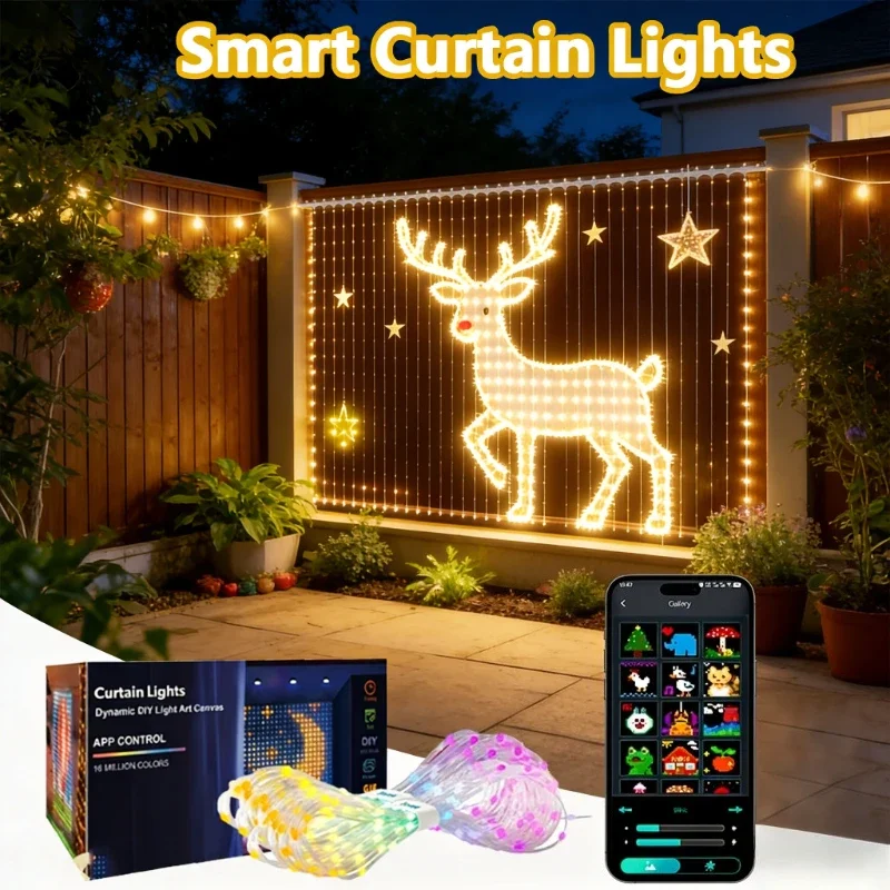 DIY LED Curtain Lights Fairy String Lights Remote App Pattern Display for Bedroom Outdoor Christmas Window Backdrop Decor