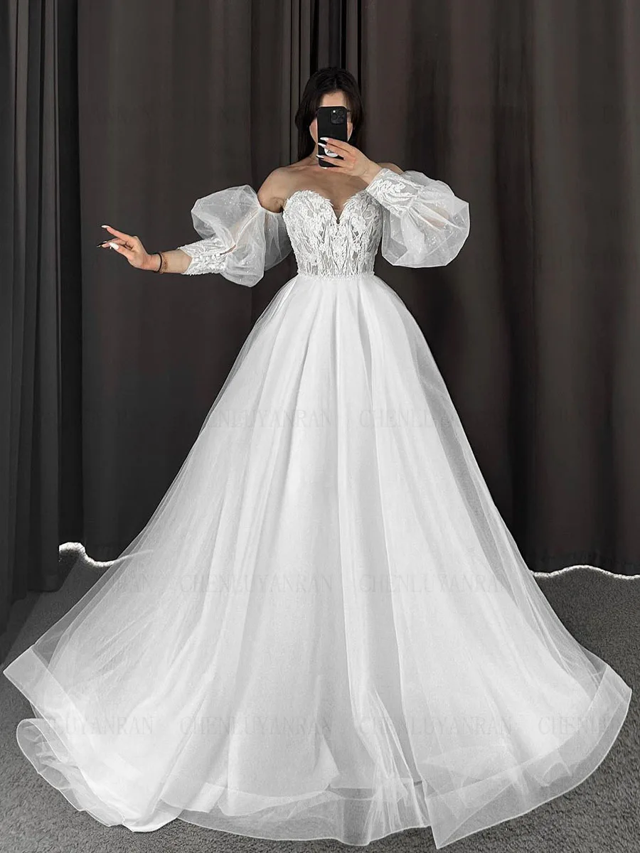 

White Sweetheart Wedding Dresses For Women Applique Puff Sleeves Wedding Dress Long Dresses For Women 2023 فستان حفلات الزفاف