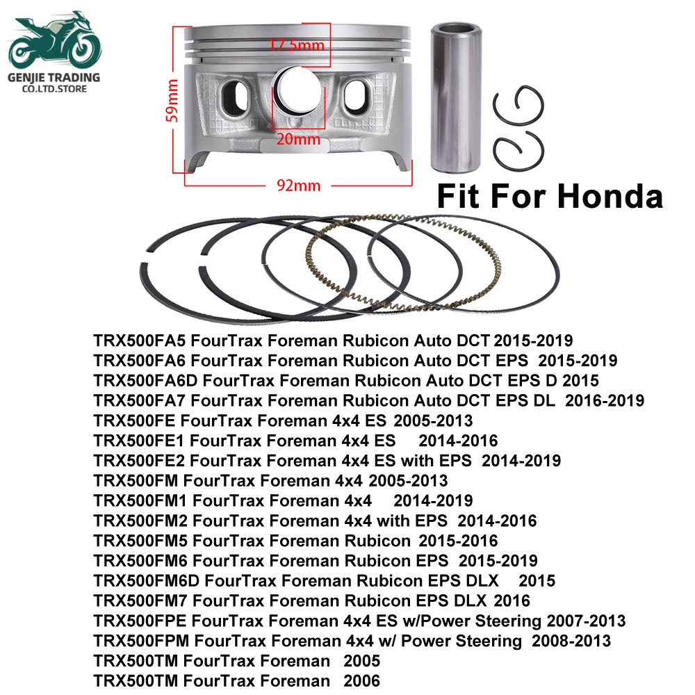 

92mm Motorcycle Piston and Piston Rings Kit for Honda TRX 500 TRX500FA5 6 7 TRX500 FE FM FPE FPM TM FourTrax Foreman 2005-2019