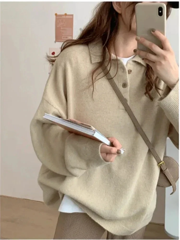 

Женское абрикосовое поло, вязаное модное женское топ, осенние новые повседневные свободные пуловеры, женские уличные однотонные тонкие пуловеры