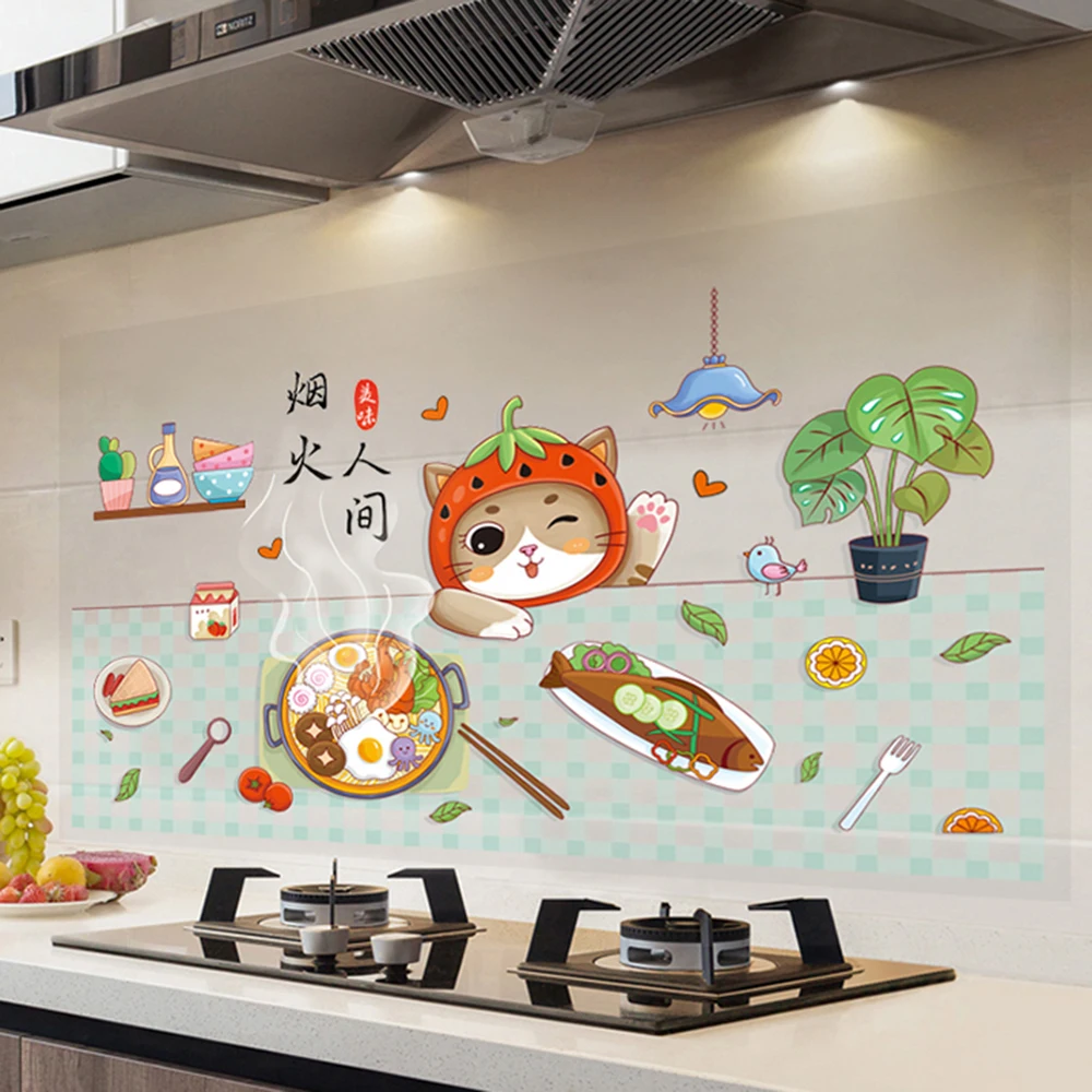 Self-Adhesive Oil Proof Wall Stickers Wallpaper Kitchen Backsplash Wall Protector Cartoon Animal Pattern Waterproof Sticker