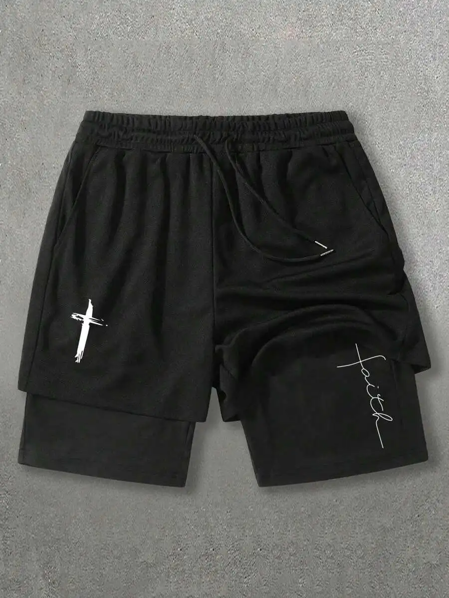 

Mens Casual Street Style Cross Graphic Print Knit Drawstring Shorts